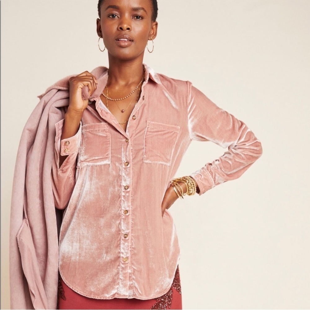 Anthropologie Maeve Karina Crushed Velvet Button Up Shirt in Pink Sz 2